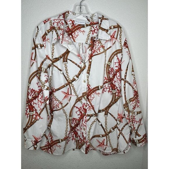 Susan Graver Top 14 Equestrian Chain Print Coastal Starfish Stretch Button Front - Picture 2 of 12